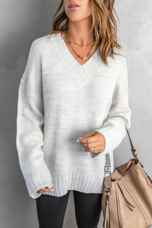 V Neck Drop Shoulder Knitted Sweater